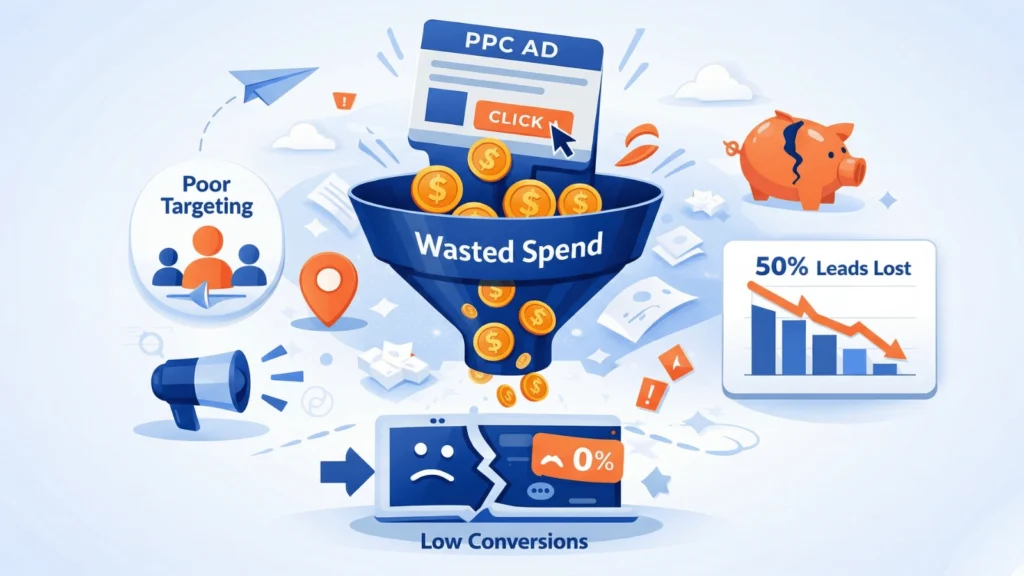 PPC campaign management services showing poor targeting and wasted spend causing low conversions and lost leads for businesses
